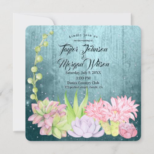 Magical Watercolor Succulents Teal Wedding Invitation