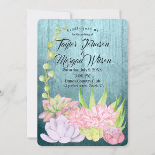 Magical Watercolor Succulents Teal Wedding Invitation