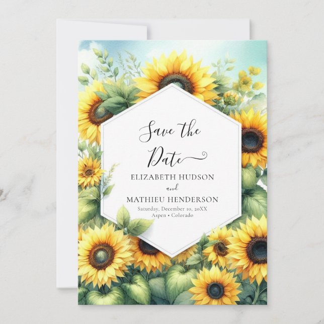 Magical Watercolor Sunflower Wedding Save The Date (Front)