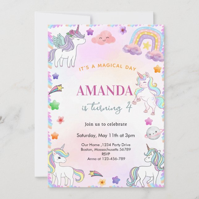 Magical Watercolor Unicorn  birthday Invitation (Front)