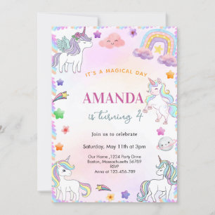 Magical Watercolor Unicorn  birthday Invitation