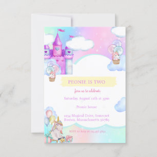 Magical Watercolor Unicorn Castle Birthday Party Invitation