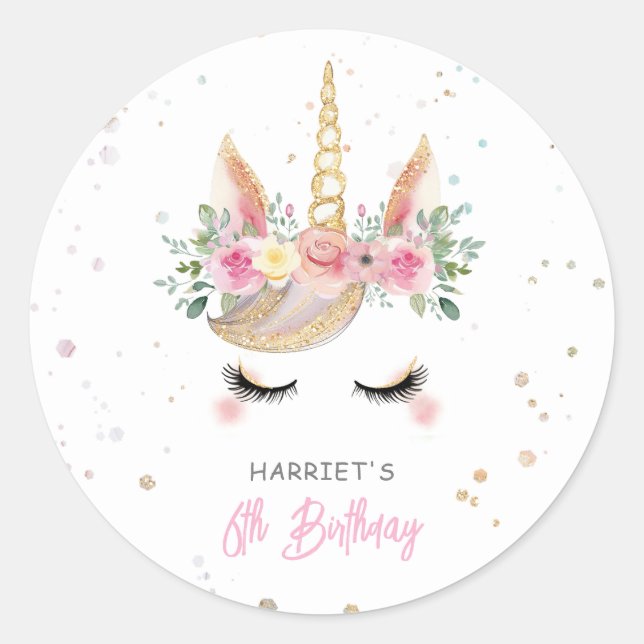 Magical Watercolor Unicorn Face Birthday Classic Round Sticker (Front)