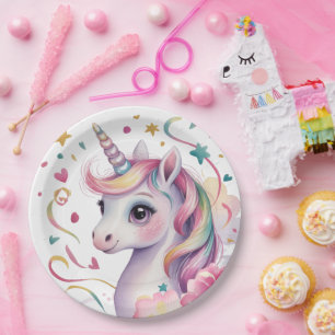 Magical Watercolor Unicorn Girl Birthday Party Paper Plates
