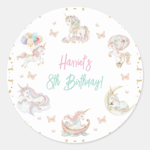 Magical Watercolor Unicorns Any Age Birthday Classic Round Sticker