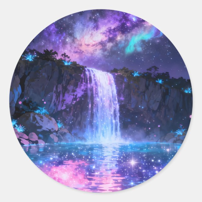 Magical Waterfall Night Sky Round Sticker (Front)