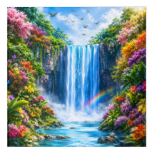 Magical Waterfall with Rainbow and Colorful Flower
