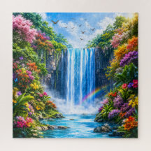Magical Waterfall with Rainbow and Colorful Flower