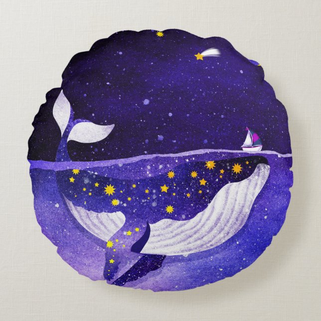 Magical Whale: Dark Ocean Night Round Pillow (Front)