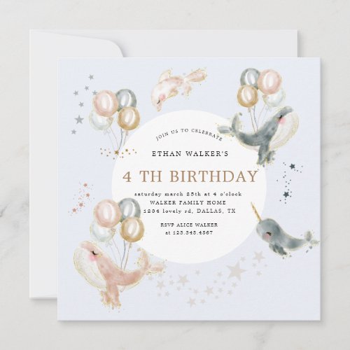 Magical whales and balloons Birthday Invitation