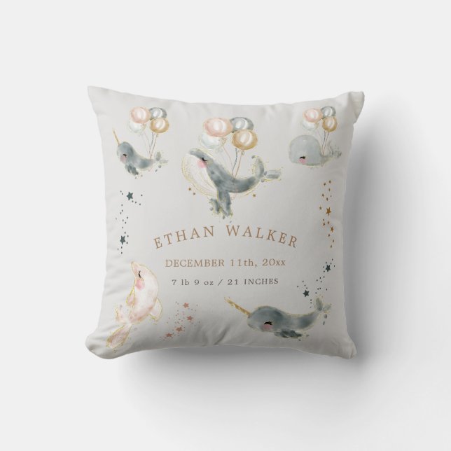 magical whales baby birth stats throw pillow (Front)