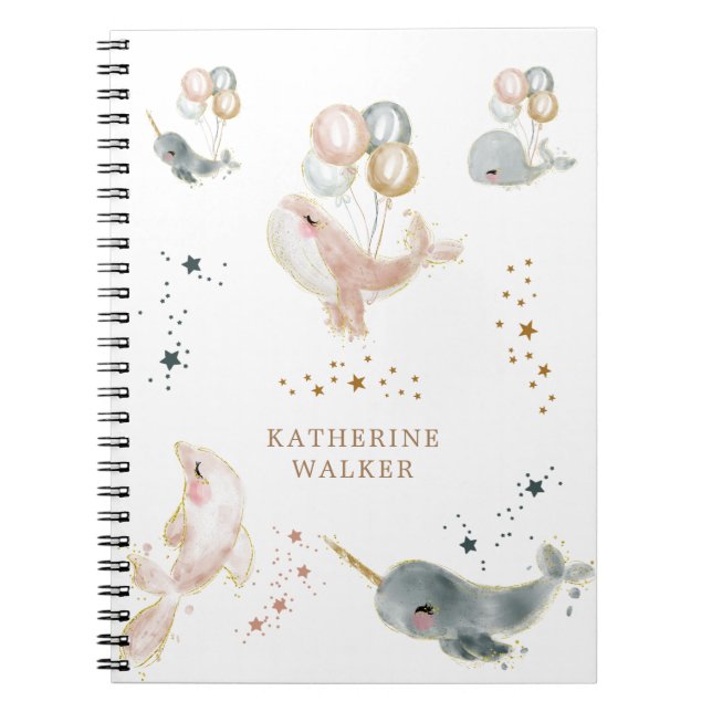 magical whales balloons monogram cute notebook (Front)