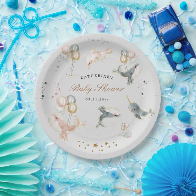 Magical Whales Balloons Stars Baby Shower Paper Plates (Party)