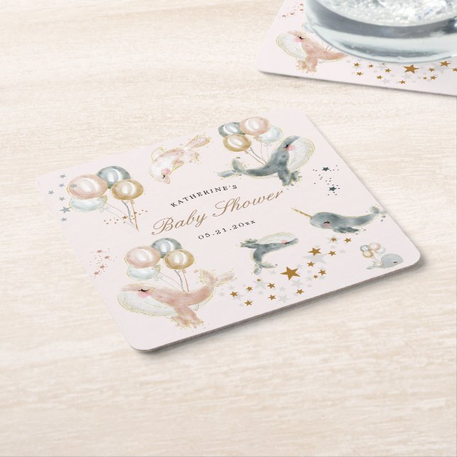 Magical Whales Balloons Stars Baby Shower Square Paper Coaster (Angled)