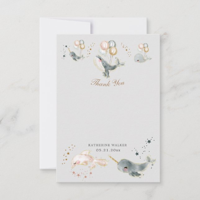 magical whales balloons stars baby shower  thank you card (Front)