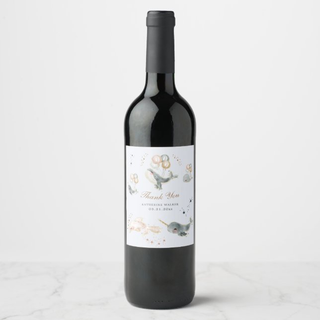 magical whales balloons stars baby shower wine lab wine label (Front)