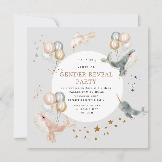 Magical whales virtual gender reveal party invite (Front)