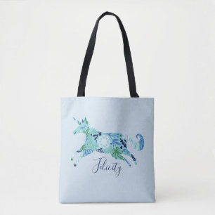 Magical Whimsical Blue Floral Unicorn Monogram Tote Bag
