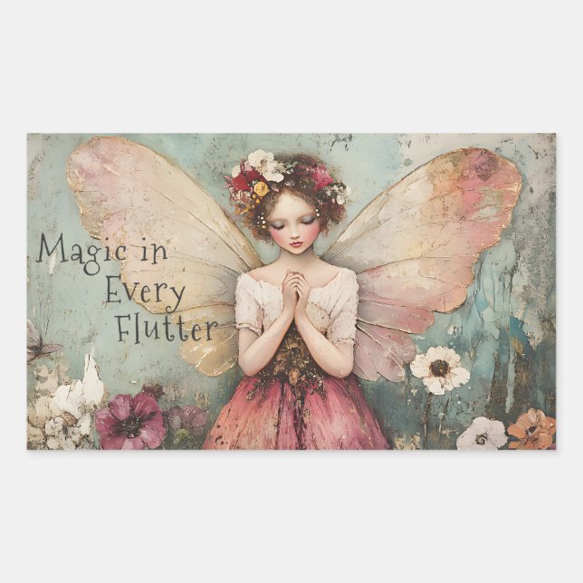 Magical Whimsical Fairy & Flower Garden with Quote Rectangular Sticker (Front)