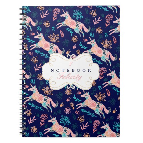 Magical Whimsical Pink Floral Unicorn Monogram Notebook