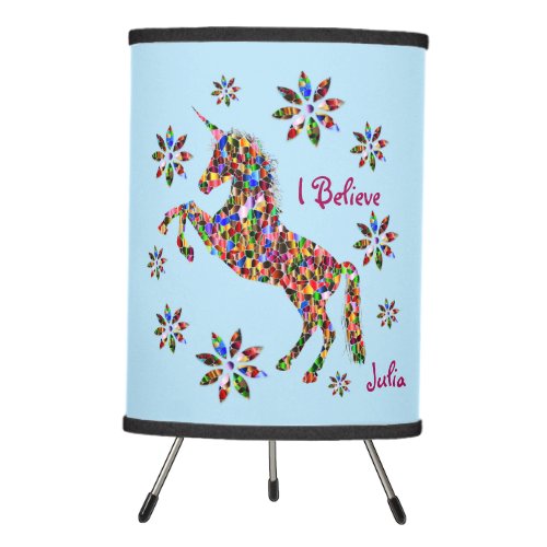 Magical Whimsical Unicorn Glitter Sparkle Blue Tripod Lamp