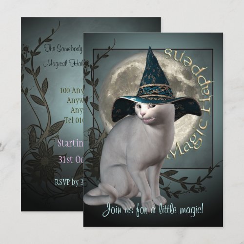 Magical White Cat Medium Halloween Invitation
