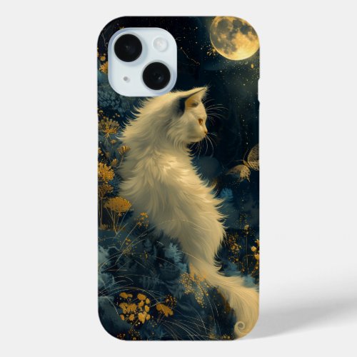 Magical White Cat in Night iPhone 15 Case