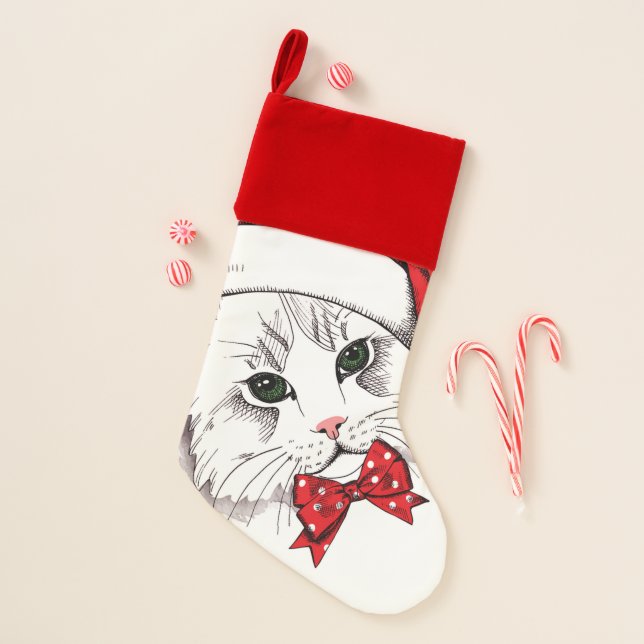 Magical  White Cat Merry Christmas Stocking (Front)