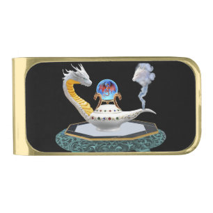 Magical White Ceramic Dragon Lamp Gold Finish Money Clip