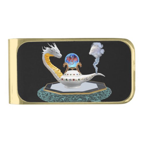 Magical White Ceramic Dragon Lamp Gold Finish Money Clip