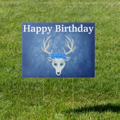 Magical White Deer Head Antlers Roses Misty Blue Sign