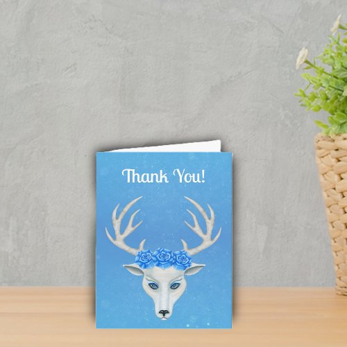 Magical White Deer Head blue Eyes Roses Antlers Thank You Card