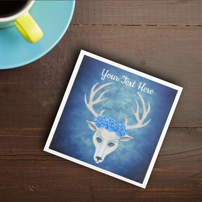Magical White Deer Head Pretty Blue Roses Antlers Paper Dinner Napkins (Fantasy white deer head with antlers and crown of blue roses on vibrant blues paper party napkins.)