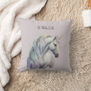 Magical White Gold Horn Unicorn Throw Pillow