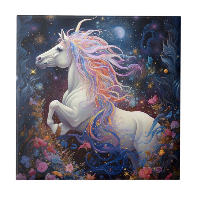 Magical White Horse Fantasy Art Ceramic Tile (Front)