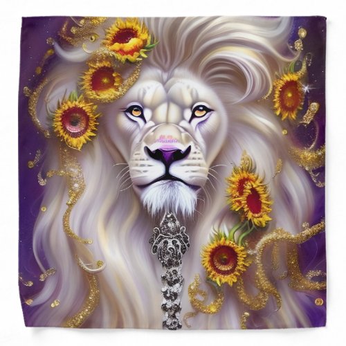 Magical White Lion and Sunflowers Graphic Bandana