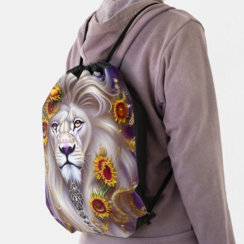 Magical White Lion and Sunflowers Graphic Drawstring Bag