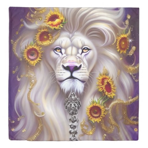 Magical White Lion and Sunflowers Graphic Duvet Cover