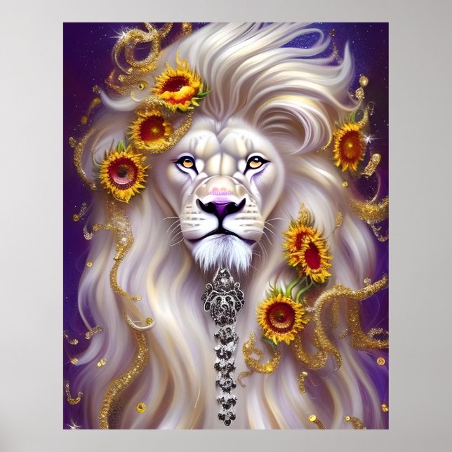 Magical White Lion and Sunflowers Graphic Poster (Front)