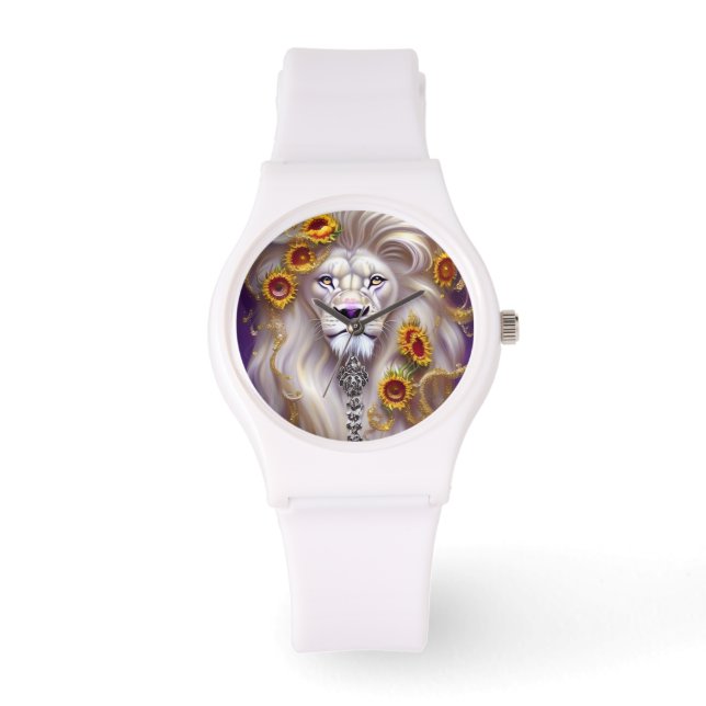 Magical White Lion and Sunflowers Graphic Watch (Front)