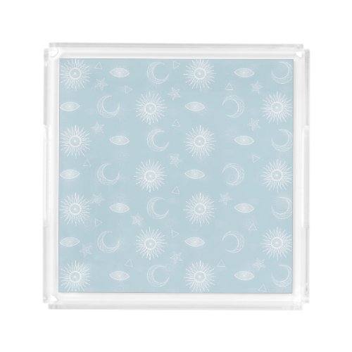 Magical White Moon Sun Stars Blue pattern Acrylic Tray