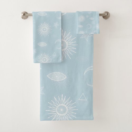 Magical White Moon Sun Stars Blue pattern Bath Towel Set