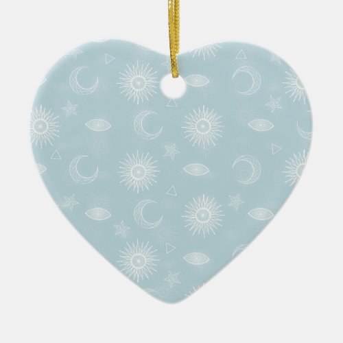 Magical White Moon Sun Stars Blue pattern Ceramic Ornament