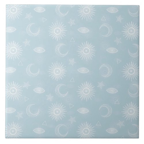 Magical White Moon Sun Stars Blue pattern Ceramic Tile