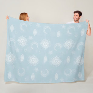 Magical White Moon Sun Stars Blue pattern Fleece Blanket