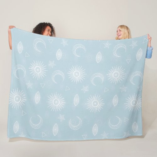 Magical White Moon Sun Stars Blue pattern Fleece Blanket