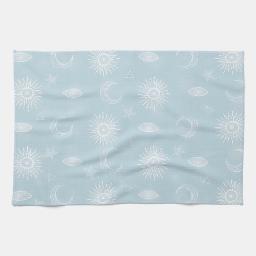 Magical White Moon Sun Stars Blue pattern Kitchen Towel