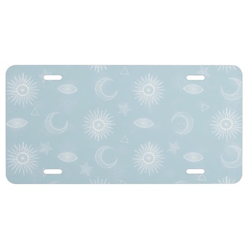 Magical White Moon Sun Stars Blue pattern License Plate