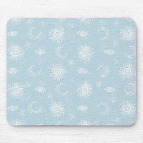 Magical White Moon Sun Stars Blue pattern Mouse Pad