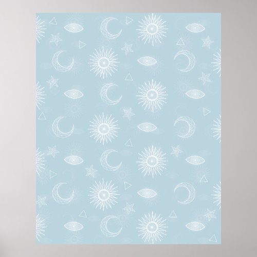 Magical White Moon Sun Stars Blue pattern Poster